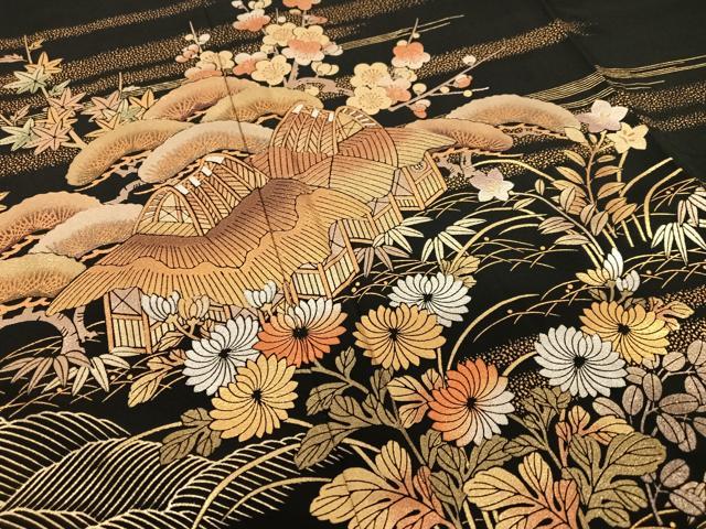 平和屋着物●金彩友禅　卓越技能者・名工・和田光正　黒留袖　松竹梅風景文　金彩　正絹　逸品　AABB6518zg 平和屋着物○金彩友禅 卓越技能者・名工・和田光正 黒留袖 松竹梅風景