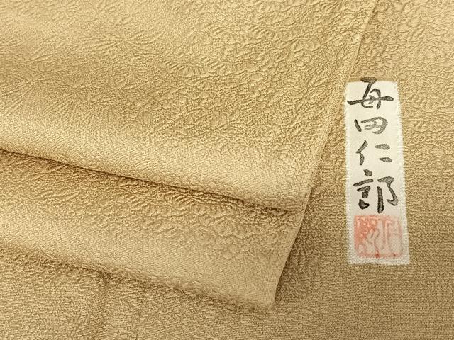 平和屋着物●本加賀友禅作家　毎田仁郎　色無地　草花地紋　朽葉色　正絹　逸品　AABB6528zg