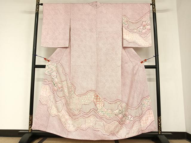 平和屋着物▽上質な紬 単衣 横段霞文 正絹 逸品 DAAS0037az