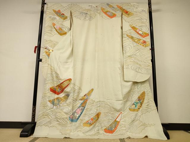 平和屋着物＊夏物　アンティーク　振袖　絽　刺繍　舟　金銀糸　正絹　逸品　AABB6711jd