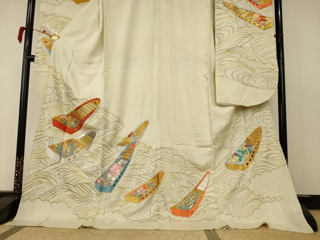 平和屋着物＊夏物　アンティーク　振袖　絽　刺繍　舟　金銀糸　正絹　逸品　AABB6711jd 平和屋着物＊夏物 アンティーク 振袖 絽 刺繍 舟 金銀糸 正絹 逸品