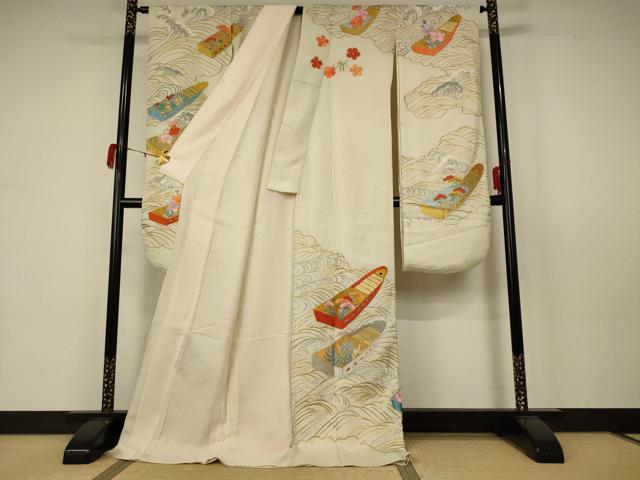平和屋着物＊夏物　アンティーク　振袖　絽　刺繍　舟　金銀糸　正絹　逸品　AABB6711jd 平和屋着物＊夏物 アンティーク 振袖 絽 刺繍 舟 金銀糸 正絹 逸品
