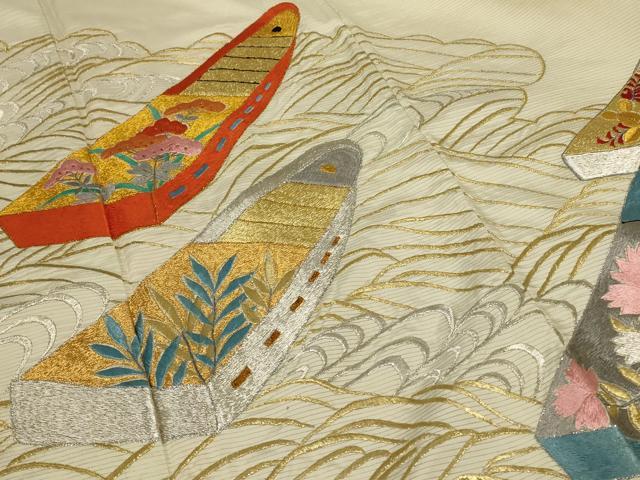 平和屋着物＊夏物　アンティーク　振袖　絽　刺繍　舟　金銀糸　正絹　逸品　AABB6711jd 平和屋着物＊夏物 アンティーク 振袖 絽 刺繍 舟 金銀糸 正絹 逸品