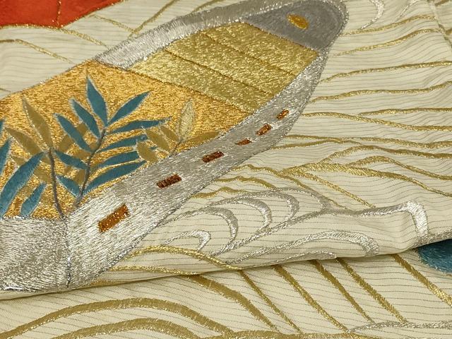 平和屋着物＊夏物　アンティーク　振袖　絽　刺繍　舟　金銀糸　正絹　逸品　AABB6711jd 平和屋着物＊夏物 アンティーク 振袖 絽 刺繍 舟 金銀糸 正絹 逸品