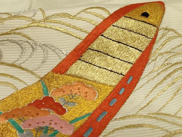 平和屋着物＊夏物　アンティーク　振袖　絽　刺繍　舟　金銀糸　正絹　逸品　AABB6711jd 平和屋着物＊夏物 アンティーク 振袖 絽 刺繍 舟 金銀糸 正絹 逸品