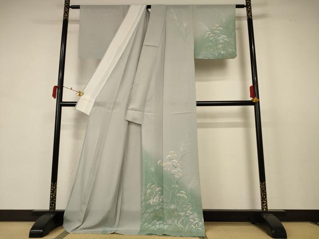 平和屋着物＊夏物 訪問着 絽 手描き 草花文 暈し染め 金銀彩 ロング丈