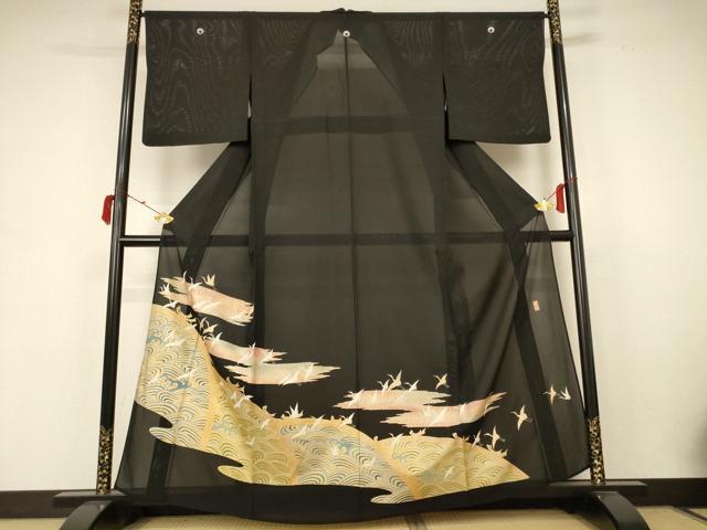 平和屋着物＊夏物　黒留袖　絽　作家物　立波飛鶴文　金彩　正絹　逸品　AABB6767jd