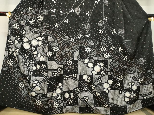 平和屋着物●訪問着　辻が花　総絞り　花唐草文　黒地　正絹　逸品　AABB7298ck 平和屋着物○訪問着 辻が花 総絞り 花唐草文 黒地 正絹 逸品 AABB7298ck