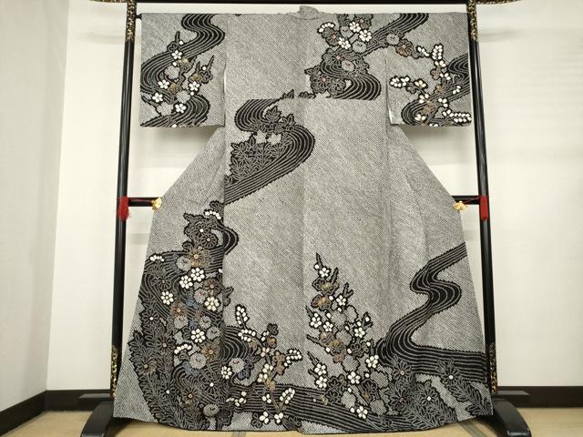 平和屋着物●訪問着　総絞り　流水枝梅文　黒地　金彩　やまと誂製　正絹　逸品　AABB7309ck