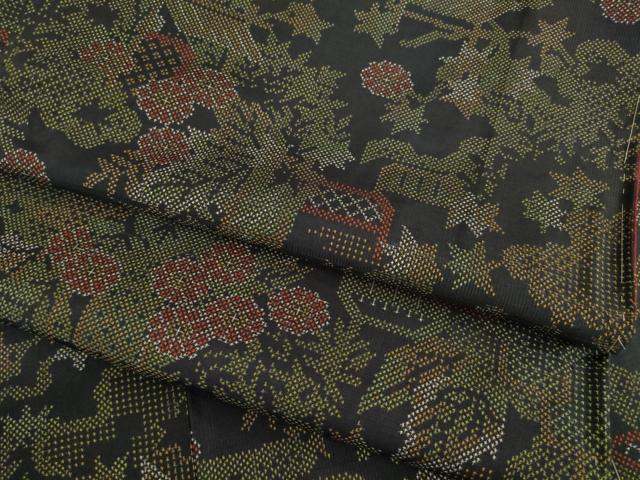 平和屋着物○本場大島紬 一元7マルキ 花籬文 黒地 正絹 逸品 AABB7329ck