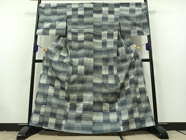 平和屋着物▽上質な紬 単衣 市松文様 正絹 逸品 AABB7736jh 紬