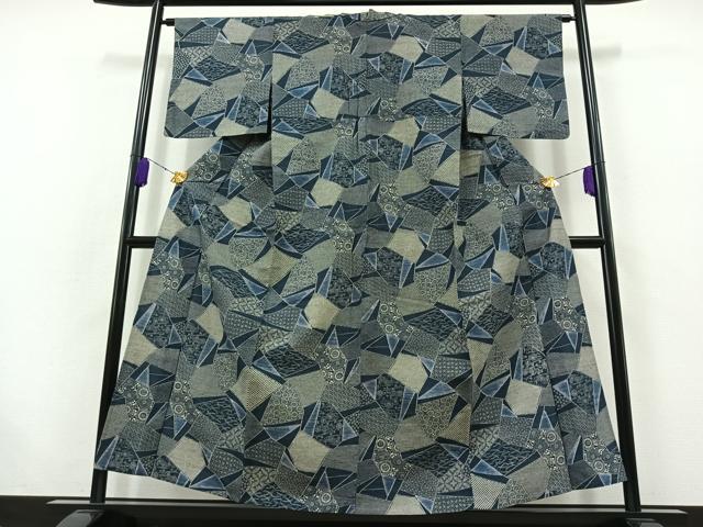 平和屋着物▽上質な紬 単衣 切嵌花文 正絹 逸品 AABB7749jh