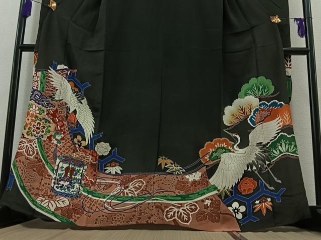 平和屋着物▽アンティーク　大正ロマン　振袖　単衣　飛鶴吉祥花文　金彩　正絹　逸品　AABB7754jh 平和屋着物▽アンティーク 大正ロマン 振袖 単衣 飛鶴吉祥花文 金彩