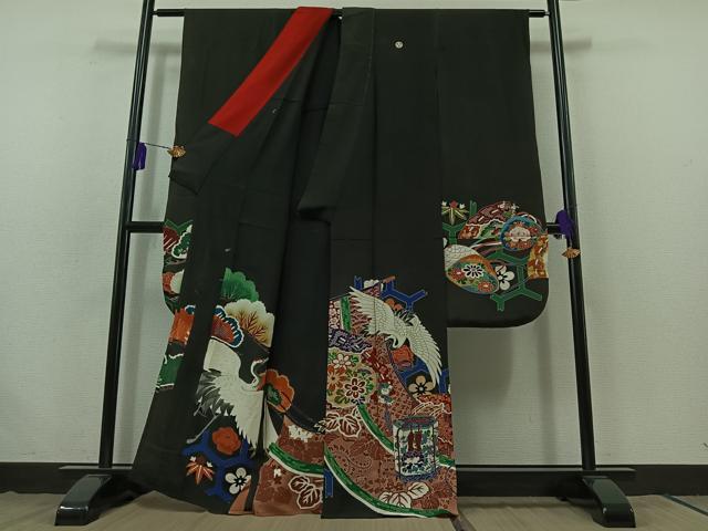 平和屋着物▽アンティーク　大正ロマン　振袖　単衣　飛鶴吉祥花文　金彩　正絹　逸品　AABB7754jh_1