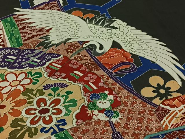 平和屋着物▽アンティーク　大正ロマン　振袖　単衣　飛鶴吉祥花文　金彩　正絹　逸品　AABB7754jh 平和屋着物▽アンティーク 大正ロマン 振袖 単衣 飛鶴吉祥花文 金彩