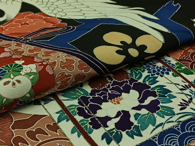 平和屋着物▽アンティーク　大正ロマン　振袖　単衣　飛鶴吉祥花文　金彩　正絹　逸品　AABB7754jh 平和屋着物▽アンティーク 大正ロマン 振袖 単衣 飛鶴吉祥花文 金彩