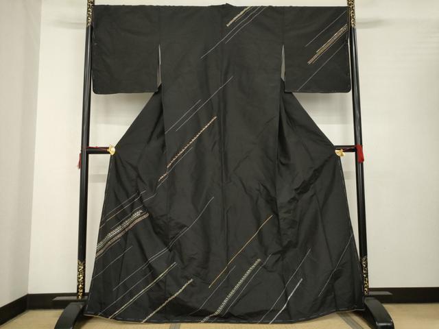 平和屋着物●訪問着　紬地　刺繍　幾何学文様　黒地　正絹　逸品　未使用　AABB7933ck