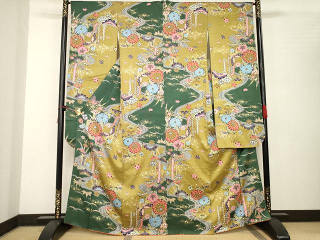 平和屋着物●豪華振袖　型染め　松竹梅流水花蝶文　金彩　正絹　逸品　AABB7954ck