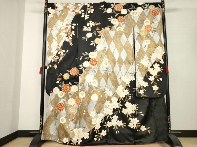 平和屋着物●豪華振袖　網目花文　黒地　金彩　金通し地　正絹　逸品　AABB7959ck