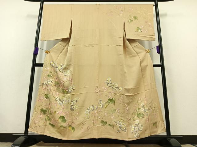 平和屋着物▽訪問着　単衣　手描き　草花文　金彩　正絹　逸品　AABB8001jh