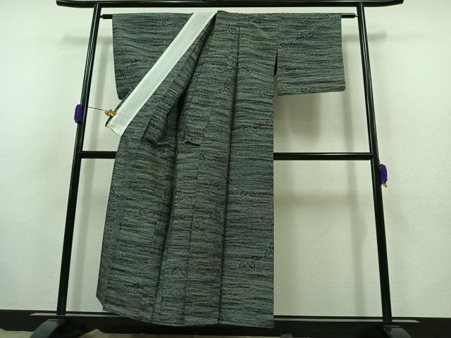 平和屋着物▽上質な紬 単衣 草葉文 正絹 逸品 AABB8019jh