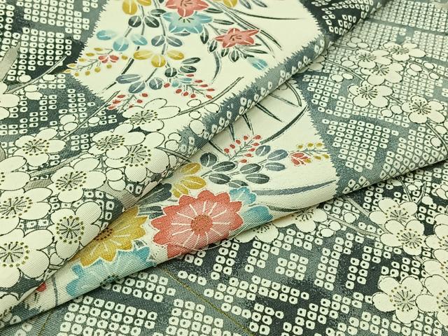 平和屋着物▽上質な小紋　単衣　紬地　切嵌花文　金彩　正絹　逸品　AABB8020jh