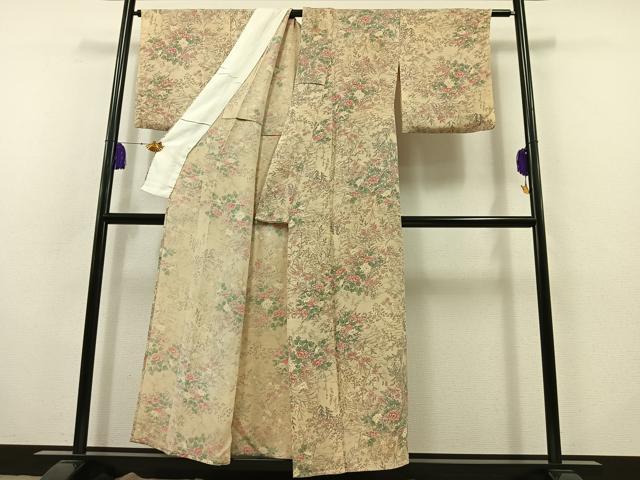 平和屋着物▽上質な小紋　単衣　草花文　鬼しぼ縮緬　正絹　逸品　AABB8023jh 平和屋着物▽上質な小紋 単衣 草花文 鬼しぼ縮緬 正絹 逸品