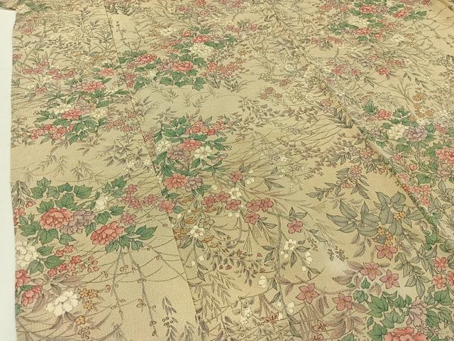 平和屋着物▽上質な小紋 単衣 草花文 鬼しぼ縮緬 正絹 逸品