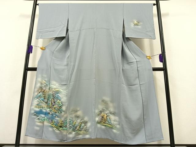 平和屋着物▽訪問着　単衣　手描き　風景文　暈し染め　金彩　正絹　逸品　AABB8034jh