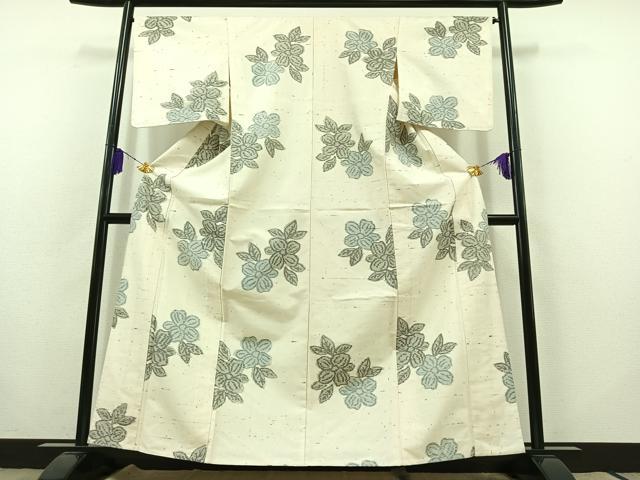 平和屋着物▽上質な紬　単衣　草花文　正絹　逸品　AABB8039jh
