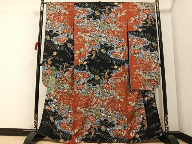 平和屋着物●豪華振袖　流水草花文　金彩　正絹　逸品　AABB8237ph