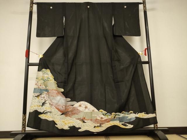 平和屋着物＊夏物　アンティーク　大正ロマン　黒留袖　絽　刺繍　立波吉祥文　金糸　金銀彩　正絹　逸品　AABB8245jd