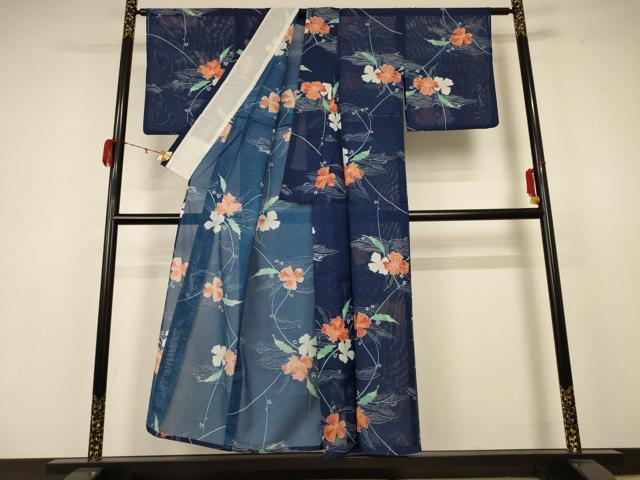 平和屋着物＊夏物 小紋 絽 立波草花文 洗える着物 AABB8287jdの通販は