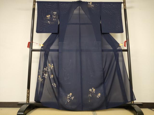平和屋着物＊夏物　訪問着　絽　草花文　暈し染め　金彩　正絹　逸品　AABB8317jd