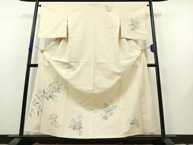 平和屋着物▽訪問着　単衣　紬地　手描き　枝花文　正絹　逸品　AABB8380jh