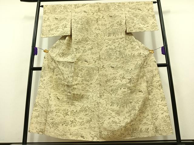 平和屋着物▽上質な紬 単衣 風景文 正絹 逸品 AABB8398jh