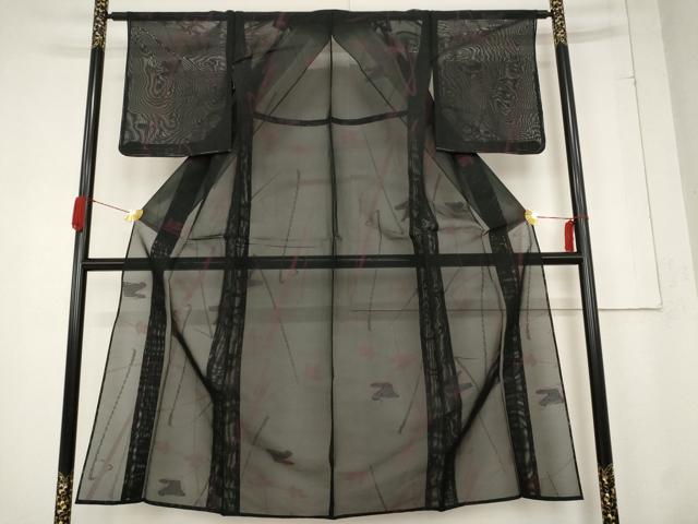 平和屋着物＊夏物　小紋　紗　草花文　黒地　正絹　逸品　未使用　AABB8612st_1
