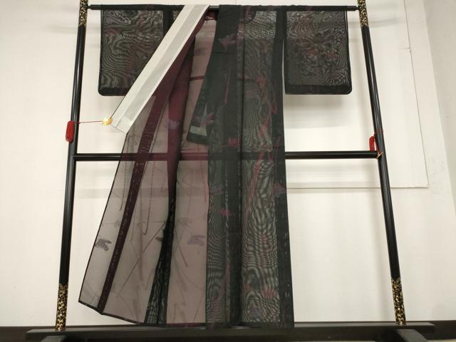 平和屋着物＊夏物　小紋　紗　草花文　黒地　正絹　逸品　未使用　AABB8612st_2