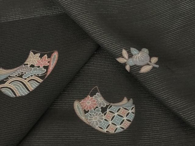 平和屋着物＊夏物　小紋　絽　地紙花文　黒地　正絹　逸品　AABB8651st