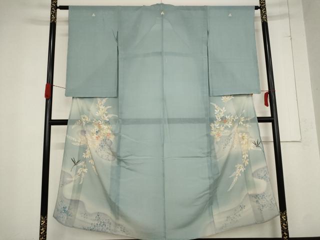 平和屋着物＊夏物　アンティーク　大正ロマン　色留袖　絽　草花文　両褄　暈し染め　銀糸　正絹　逸品　AABB8675st