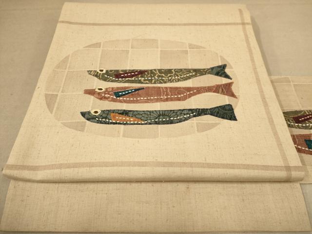 平和屋着物●九寸名古屋帯　紬地　魚　刺し子　正絹　逸品　AABB9134dt
