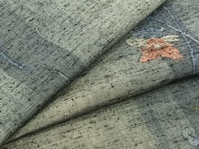 平和屋着物▽上質な紬　単衣　草花文　正絹　逸品　AABB9218jh