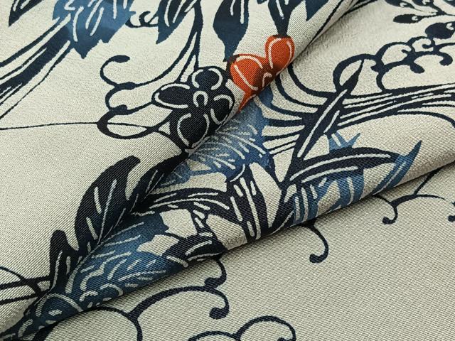 平和屋着物▽訪問着　単衣　藍　型染め　流水花文　正絹　逸品　AABB9230jh