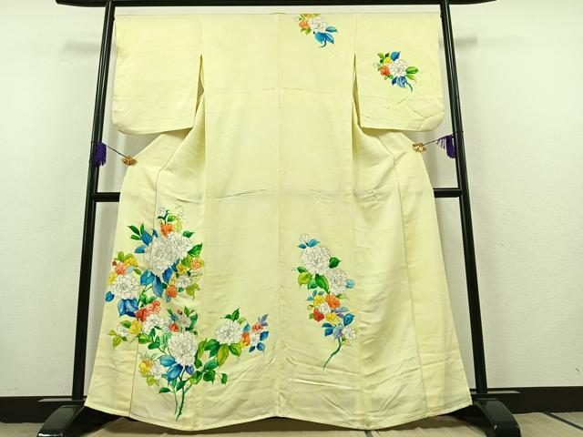 平和屋着物▽訪問着　単衣　手描き　草花文　正絹　逸品　AABB9232jh