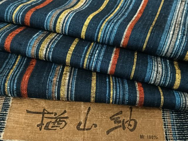 平和屋着物●楢山紬　縞　反端付き　正絹　逸品　AABC0033zg