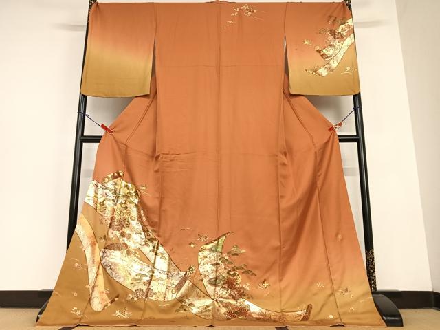 平和屋着物●訪問着　花蝶絵巻文　山車　暈し染め　金彩　ロング丈　正絹　逸品　AABC0050zg