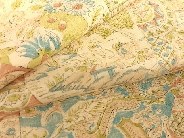 平和屋着物●上質な小紋　紬地　手描き　切嵌人物風景花文　正絹　逸品　AABC0060zg