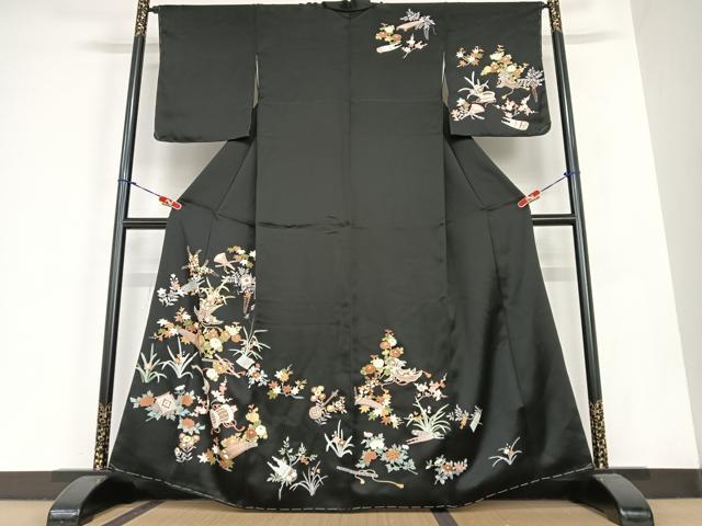 平和屋着物●訪問着　友禅　花楽器文　黒地　金彩　正絹　逸品　未使用　AABC0104zg