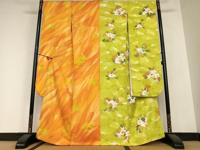 平和屋着物●豪華振袖　手描き　片身替わり　草花霞文　暈し染め　正絹　逸品　AABC0114zg