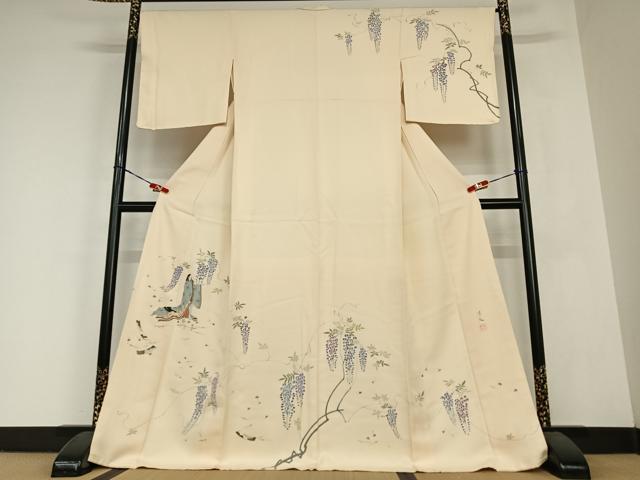 平和屋着物●訪問着　手描き　女人文　藤花房　金彩　正絹　逸品　AABC0140zg